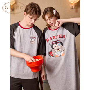 套装 Gukoo 家居服男士 套头企鹅印花睡裙女短袖 果壳情侣睡衣夏季