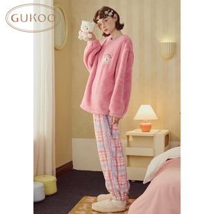 Gukoo/果壳睡衣女冬款加绒格纹mikko联名家居服套装