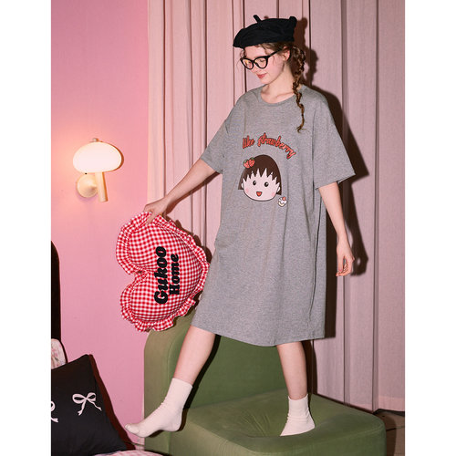 Gukoo/果壳睡衣女夏季新款樱桃小丸子联名小个子纯棉家居服睡裙
