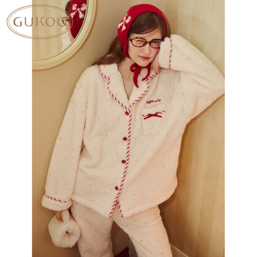 Gukoo/果壳睡衣女秋冬新品红品蝴蝶结圆点满印加绒保暖家居服套装