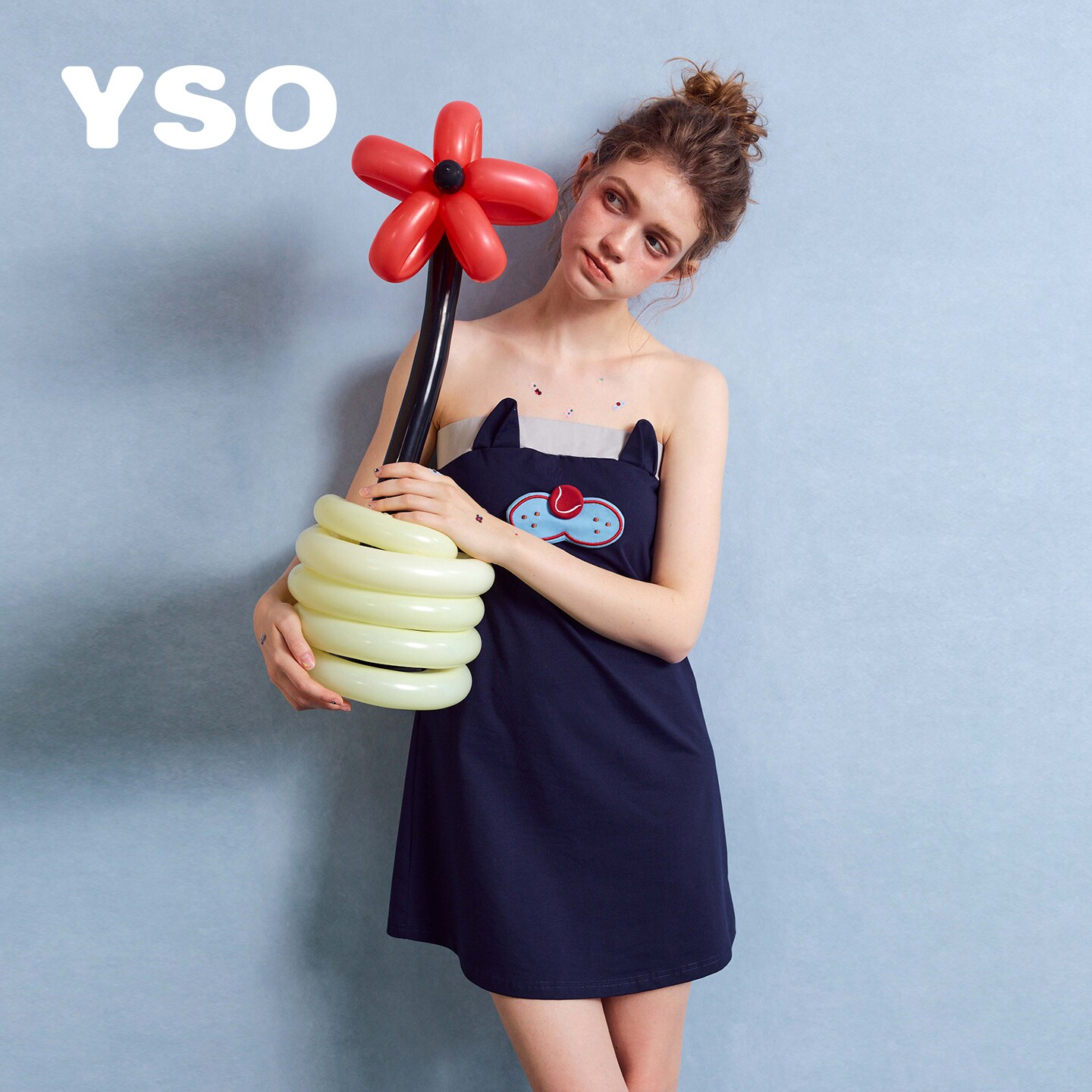 yso睡衣女夏季酷猫系列卡通印花宽松舒适吊带睡裙家居服可外穿图片