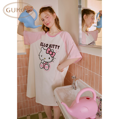 Gukoo/果壳睡衣女夏季纯棉hellokitty联名卡通可外穿家居服睡裙