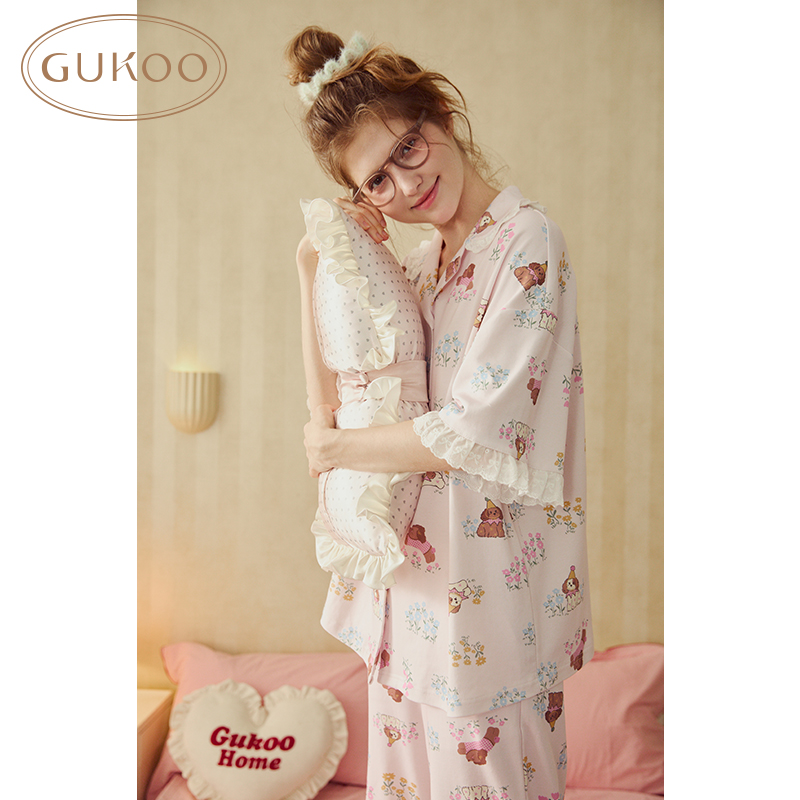 Gukoo/果壳睡衣女春秋新款小狗满印蕾丝花边短袖长裤家居服套装