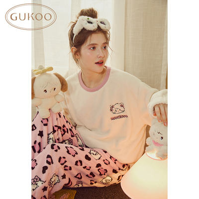 Gukoo/果壳睡衣女冬季mikko系列豹纹保暖毛绒家居服套装