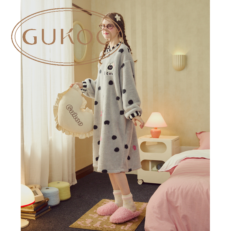 Gukoo/果壳睡衣女冬季猫咪满印加绒睡裙可外穿家居服