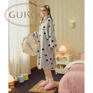 Gukoo/果壳睡衣女冬季猫咪满印加绒睡裙可外穿家居服