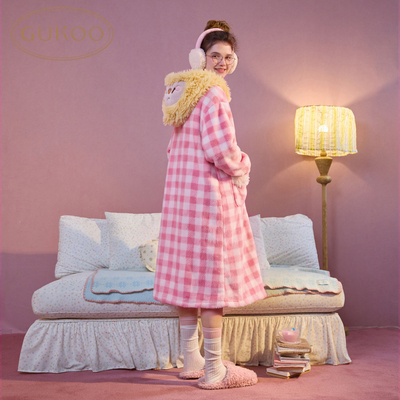 Gukoo/果壳睡袍女冬新品小鸡童趣下摆花边加绒加厚可外穿睡衣套装