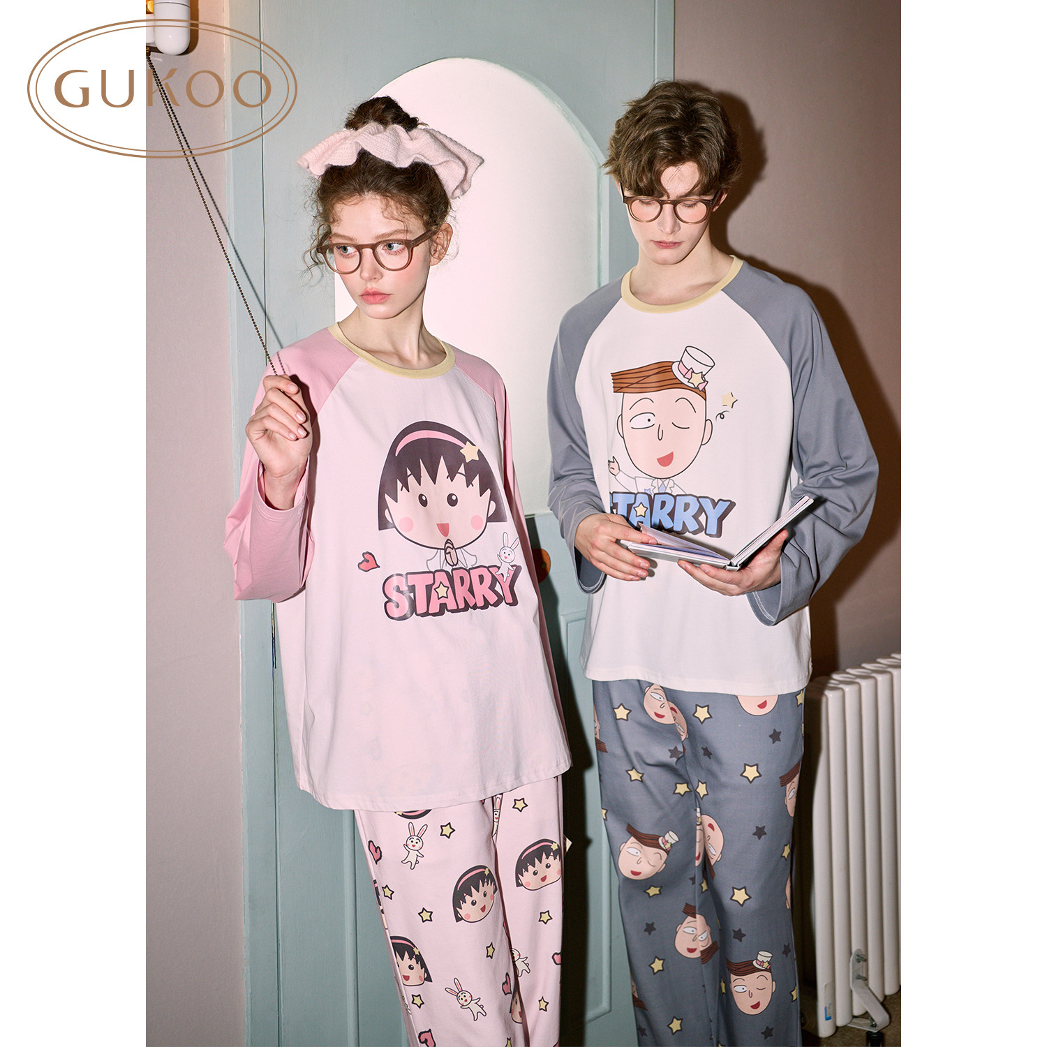 Gukoo/果壳情侣睡衣春秋樱桃小丸子联名卡通印花家居服套装可外穿