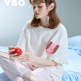竖条纹简约可外穿家居服套装 yso睡衣女夏纯棉短袖 长裤