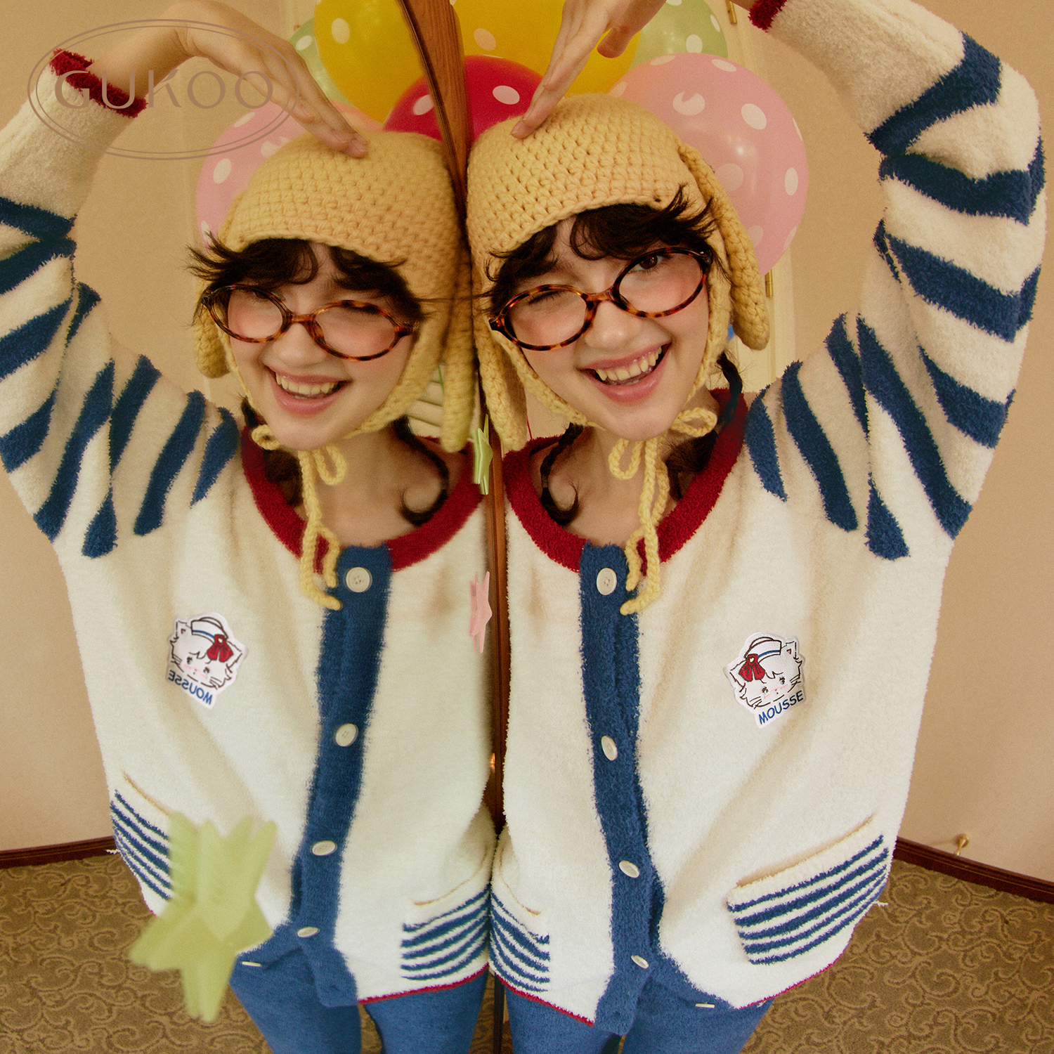 Gukoo/果壳睡衣女冬款加绒mikko联名条纹撞色可爱卡通家居服套装