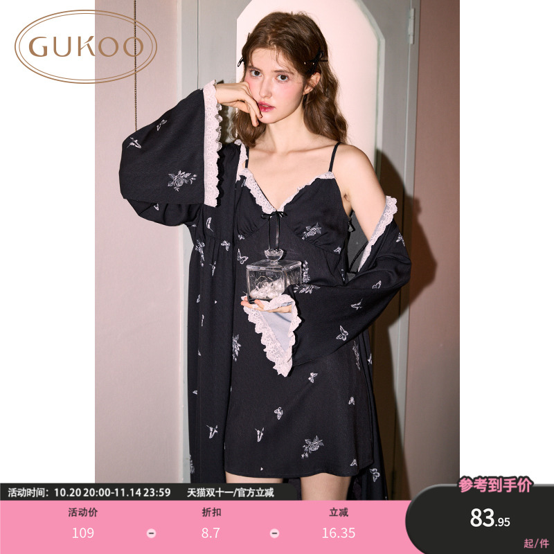 Gukoo/果壳睡衣女春秋款冰丝蝴蝶结系列满印吊带睡裙长袖睡袍