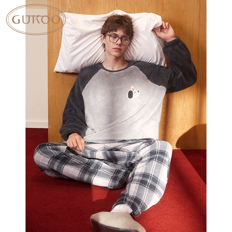 Gukoo/果壳睡衣男冬款迪士尼系列米奇加绒保暖家居服套装