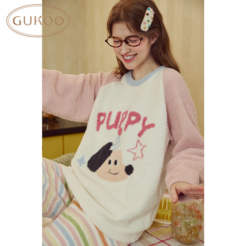 Gukoo/果壳睡衣女秋冬轰轰小狗厚款雪尼尔半边绒保暖家居服套装