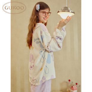 Gukoo/果壳珊瑚绒朱迪睡衣女秋冬厚款满印高品质外穿家居服套装家