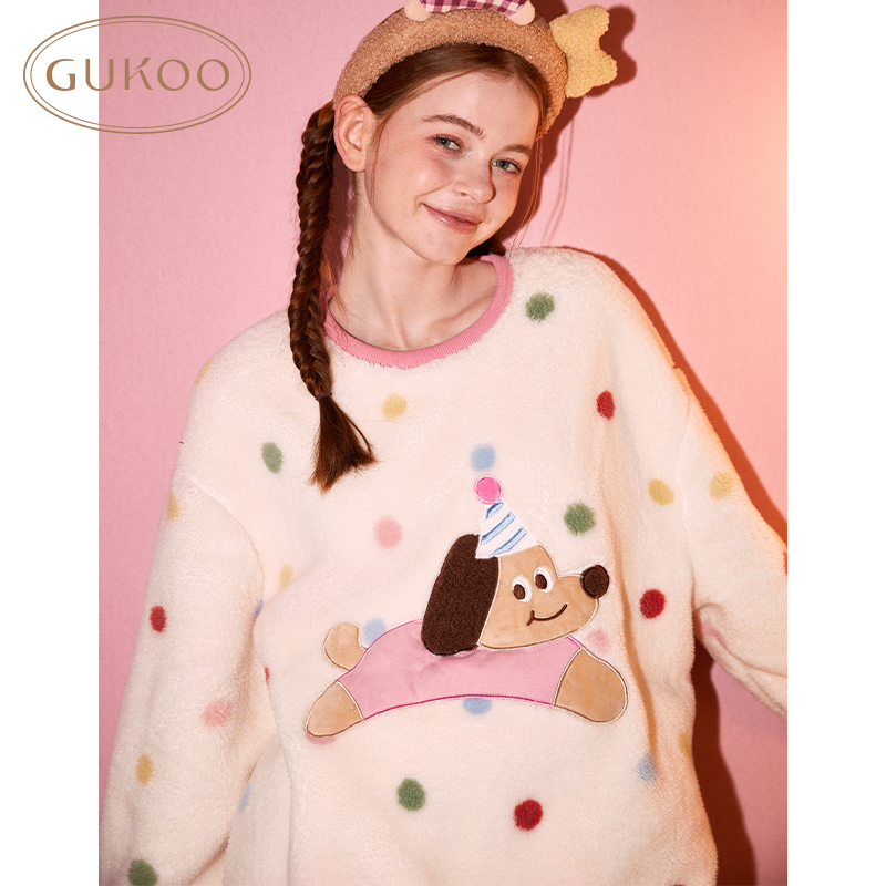 Gukoo/果壳睡衣女冬款加绒轰轰小狗波点可爱家居服套装