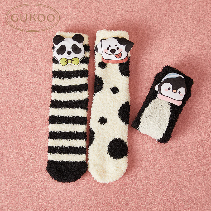 Gukoo/果壳珊瑚绒地板袜冬季睡眠袜家居保暖袜卡通袜女中筒