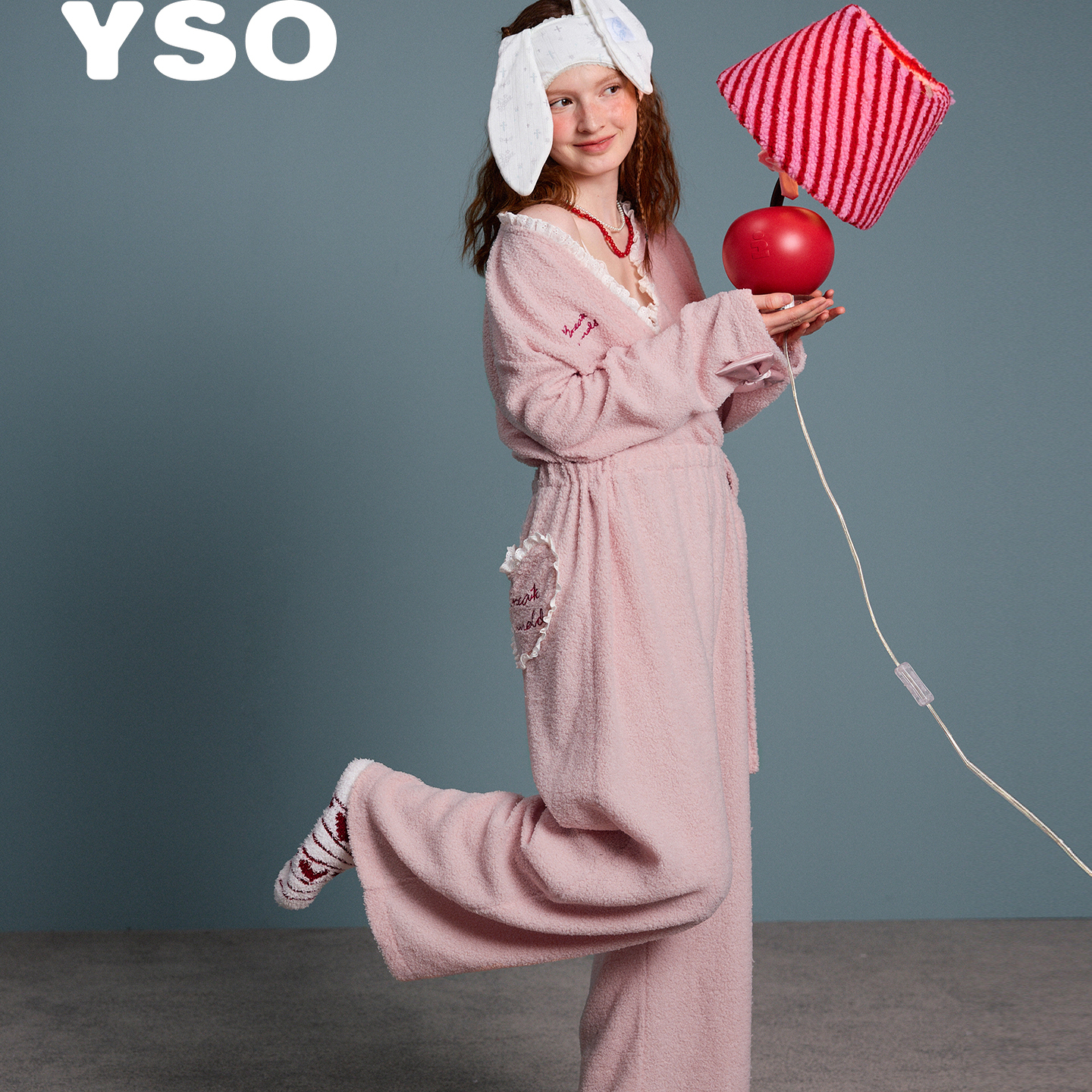 yso睡衣女冬款保暖云朵绒蝴蝶结蕾丝连体家居服套装