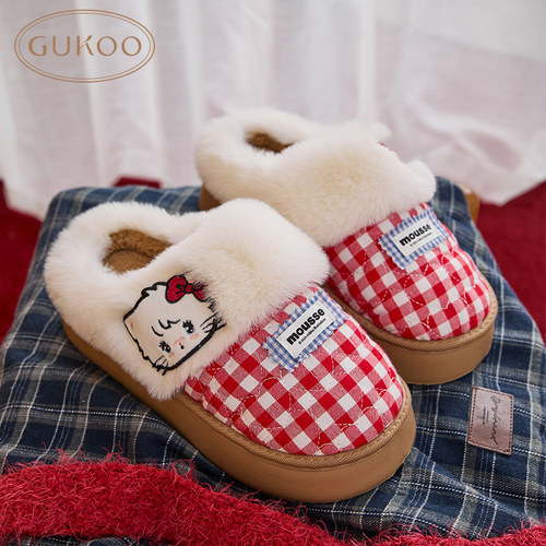 Gukoo/果壳拖鞋女冬款轻红品mikko联名毛绒格子蝴蝶结雪地靴拖鞋