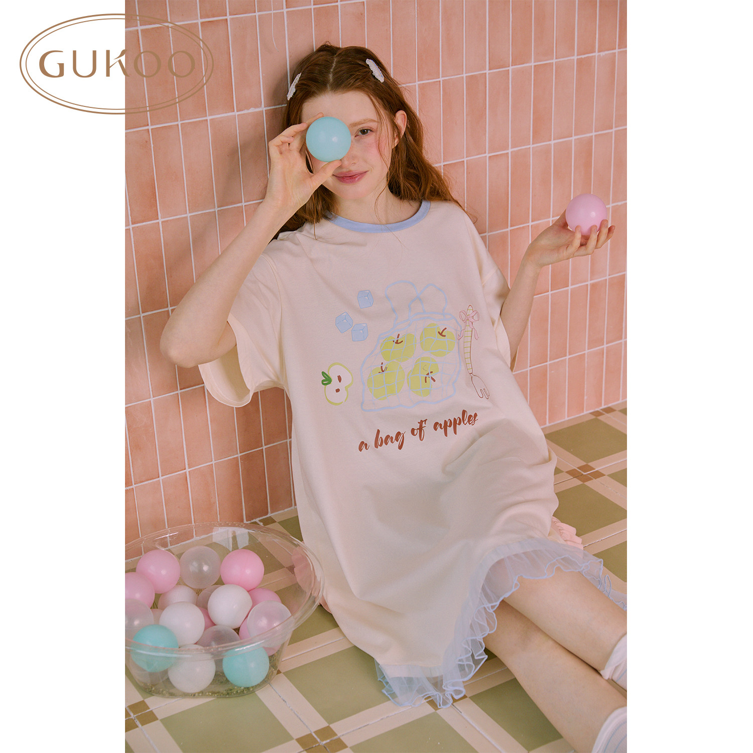 Gukoo/果壳睡衣女夏季纯棉薄款舒适亲肤简约短袖睡裙家居服可外穿