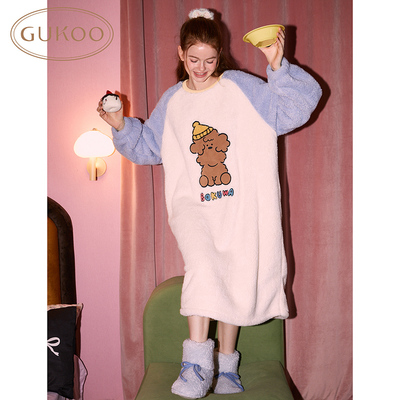 Gukoo/果壳睡衣女冬miiiiichan系列蓝白冬款圆领睡裙