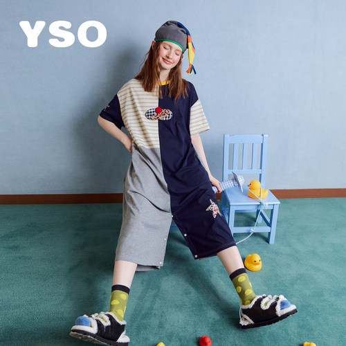 yso睡衣女夏季新款酷猫系列撞色拼接甜美文艺连体衣家居服可外穿