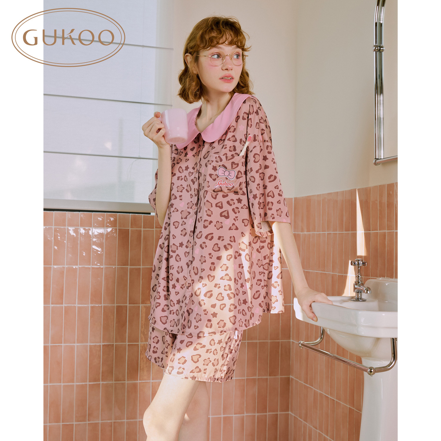 Gukoo/果壳睡衣女夏季轻奢豹纹款女家居短袖套装冰丝质感可外穿