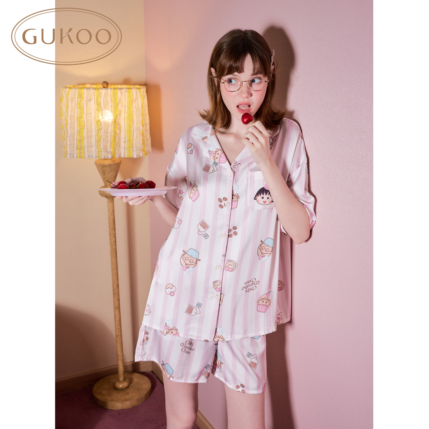 Gukoo/果壳睡衣女夏季冰丝樱桃小丸子联名甜美可外穿家居服套装