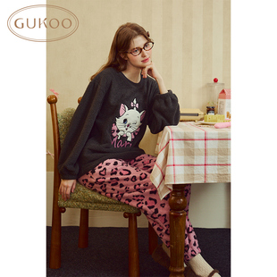 玛丽猫系列豹纹加绒宽松家居服套装 Gukoo 果壳睡衣女冬款
