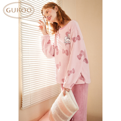 Gukoo/果壳睡衣女冬珊瑚绒保暖舒适满印可外穿家居服套装睡衣