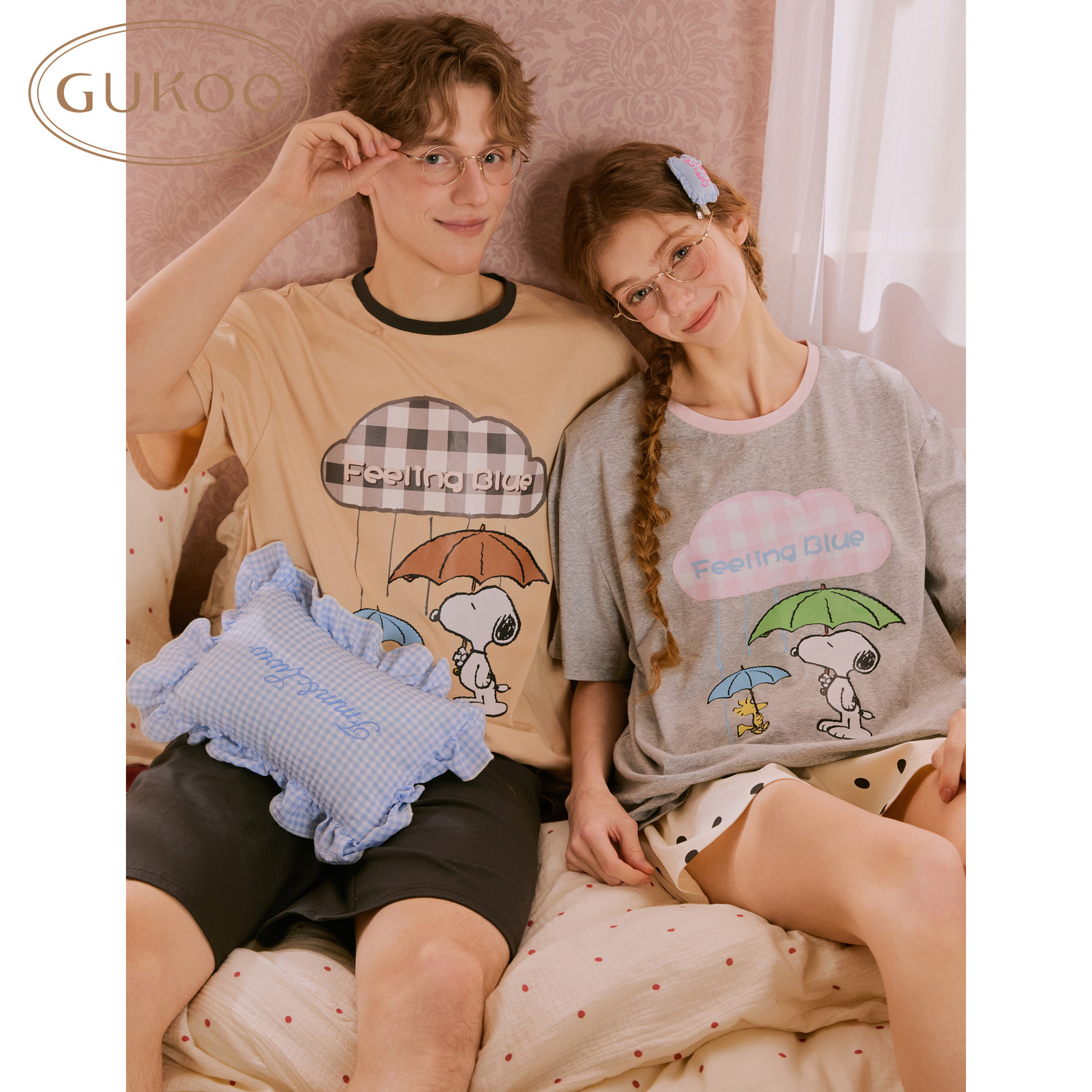 Gukoo/果壳睡衣情侣夏季新款史努比联名纯棉印花家居服套装可外穿