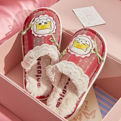 Gukoo/果壳拖鞋女秋冬款鲨鱼猫联名轻红品毛绒包头居家拖鞋