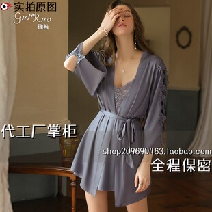 连云港婉汐服饰瑰若缎面蕾丝背大V宽松舒适吊带睡裙腰带外袍女家