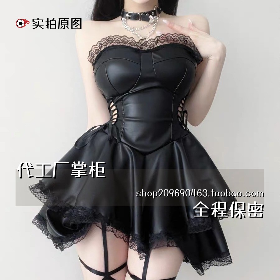 云内衣趣味内衣辣妹侧腰绑带蕾丝拼接抹胸紧身连衣裙制服套装