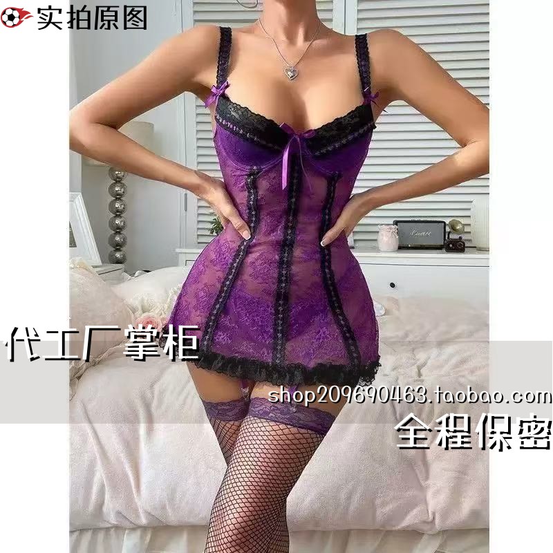 狐狸睡衣趣味纯蕾丝聚拢带钢圈约会睡裙女透视吊带睡裙家居服女丝