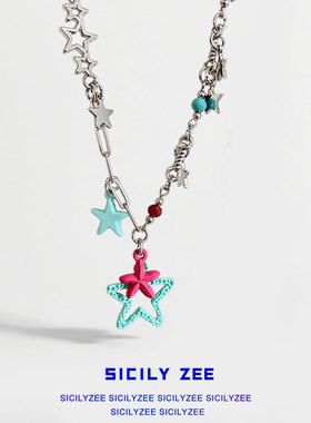 2025年新款项链女五角星彩色锁骨链爆款小众设计感韩版多巴胺粉绿
