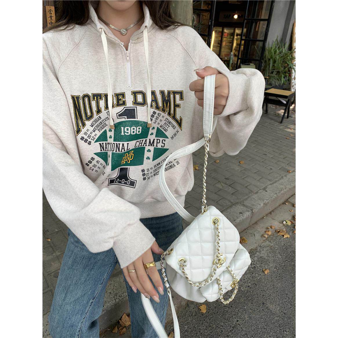 2025春秋新款慵懒印花立领卫衣女纯棉宽松外套套头长袖上衣