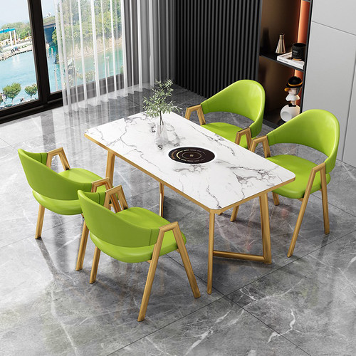 火锅桌电磁炉理石纹长方形一体商用餐厅4人餐桌串串烧烤桌椅组合