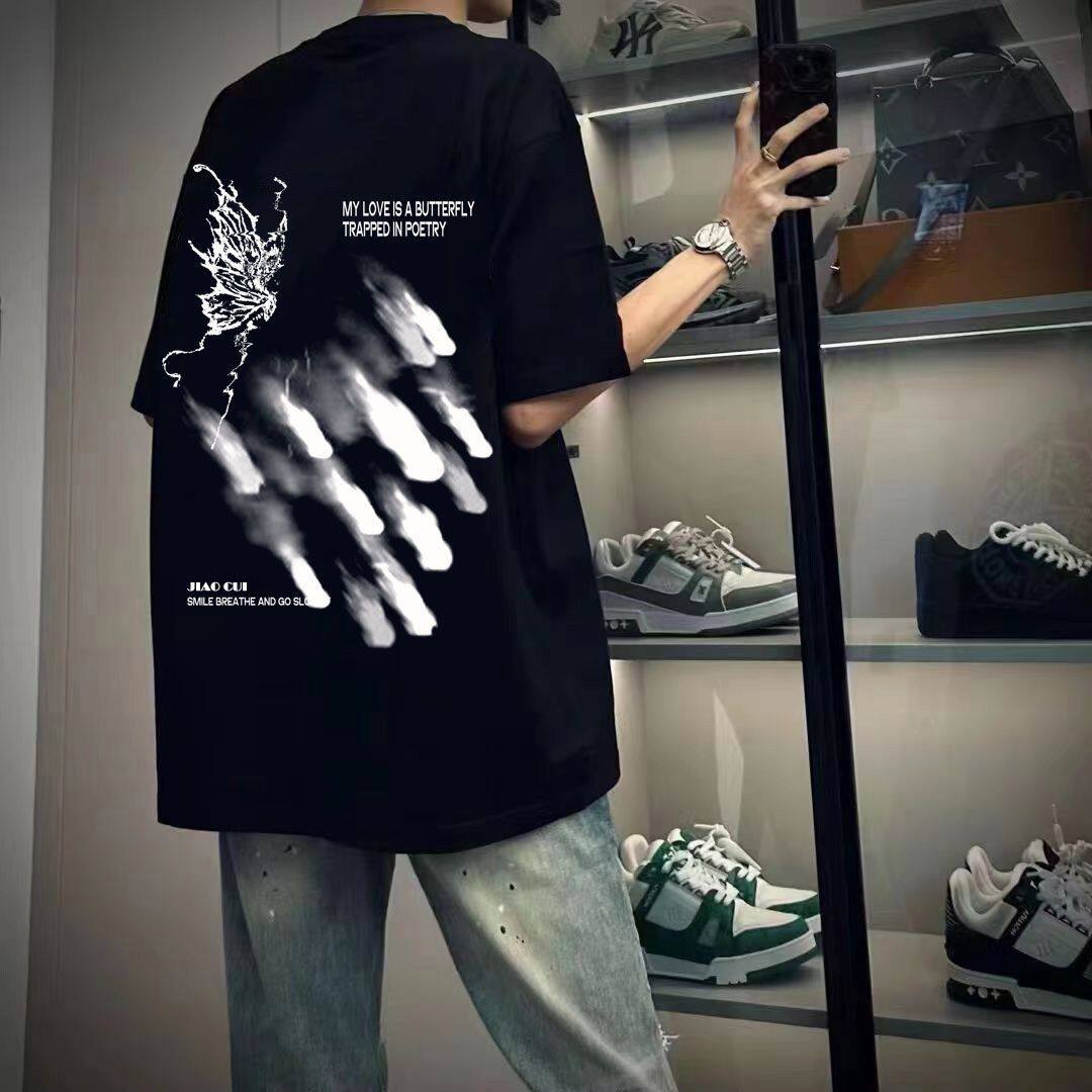 夏季精梳重磅纯棉T恤衫美式复古小众设计感高级印花短袖男女宽松