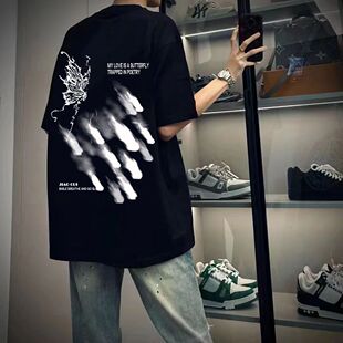 夏季精梳重磅纯棉T恤衫美式复古小众设计感高级印花短袖男女宽松