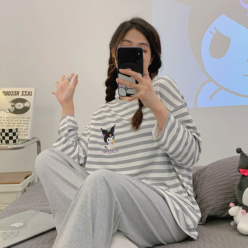 条纹睡衣套装女春季新款长袖卡通休闲宽松学生甜美家居服套装