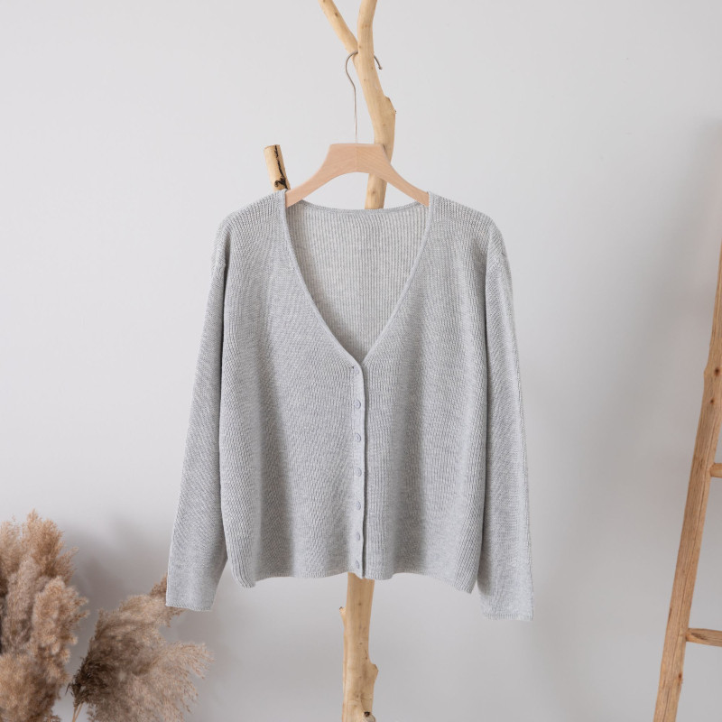 春夏款苎麻针织开衫短款外套长袖气质纯色S61284