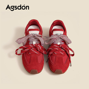 奥古狮登德训鞋女2026春季红色新年鞋子厚底休闲鞋软底运动阿甘鞋