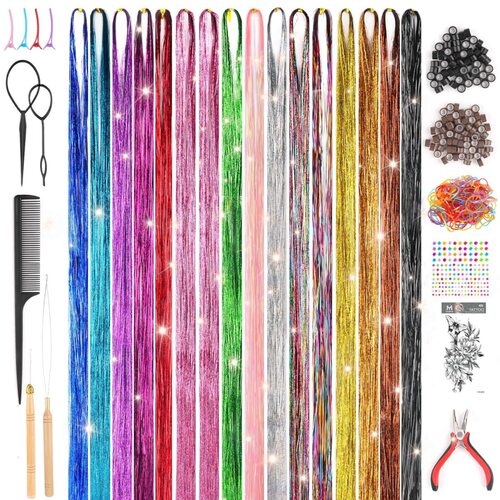 工厂现货闪亮七彩假发丝金银丝接发片hair tinsel镭射丝套装接发