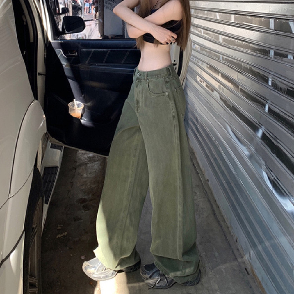 军绿色阔腿牛仔裤女卡其色裤子女