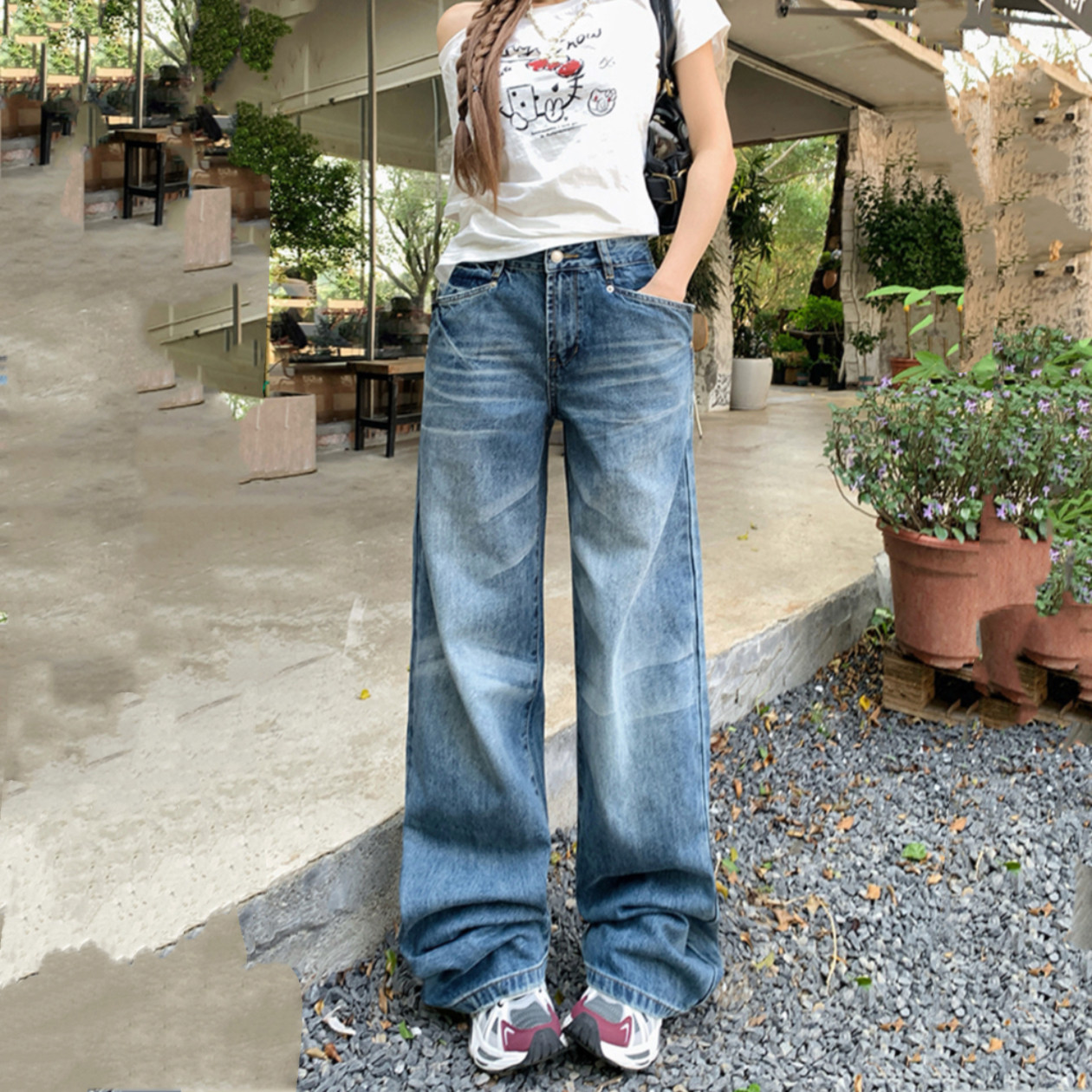 美式复古设计感牛仔裤女2026年新款低腰显瘦直筒阔腿裤小个子裤子