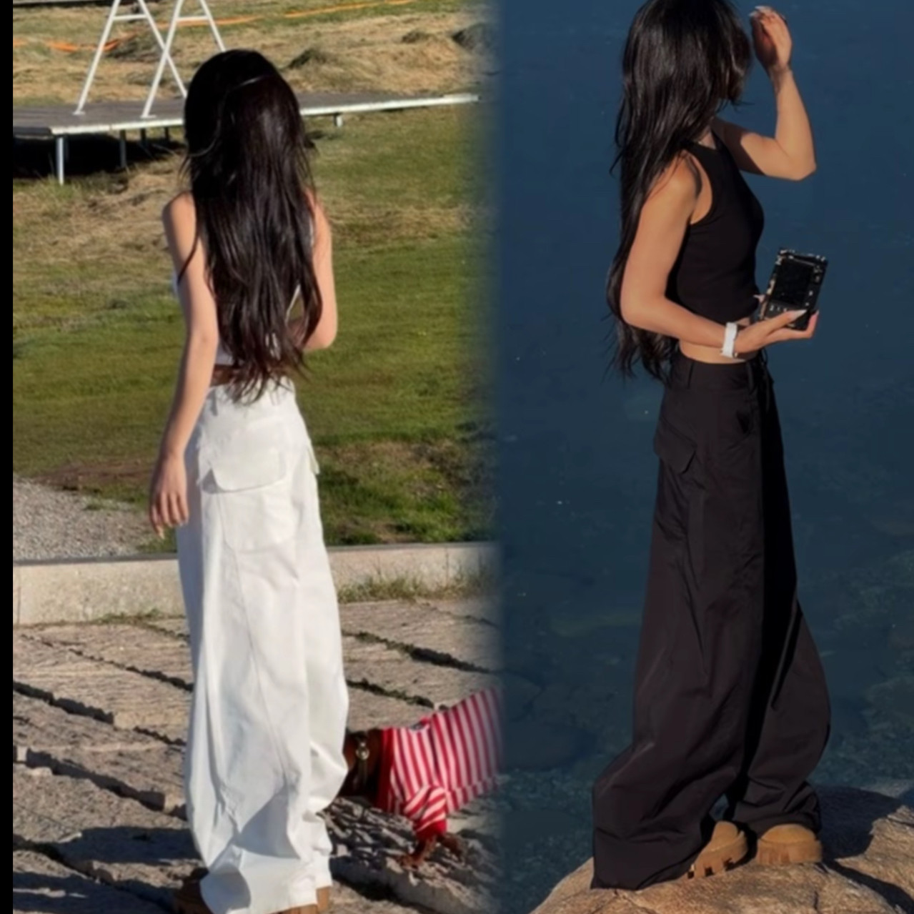 白色高街工装高腰显瘦阔腿裤女