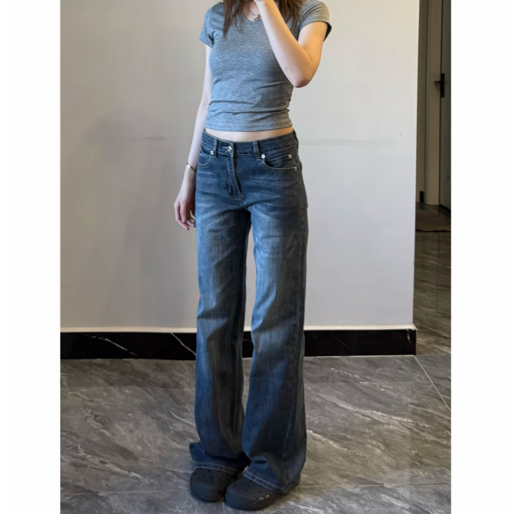 美式复古做旧低腰直筒牛仔裤女