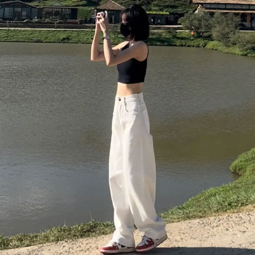 白色阔腿牛仔裤女2024年夏季宽松