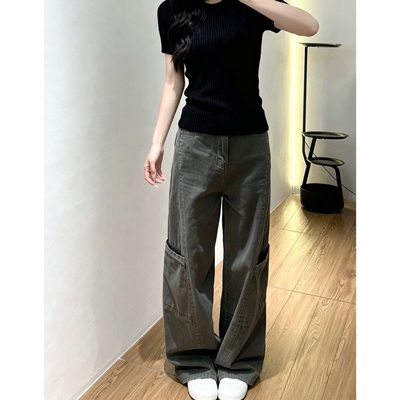 灰色高腰显瘦宽松阔腿工装裤女