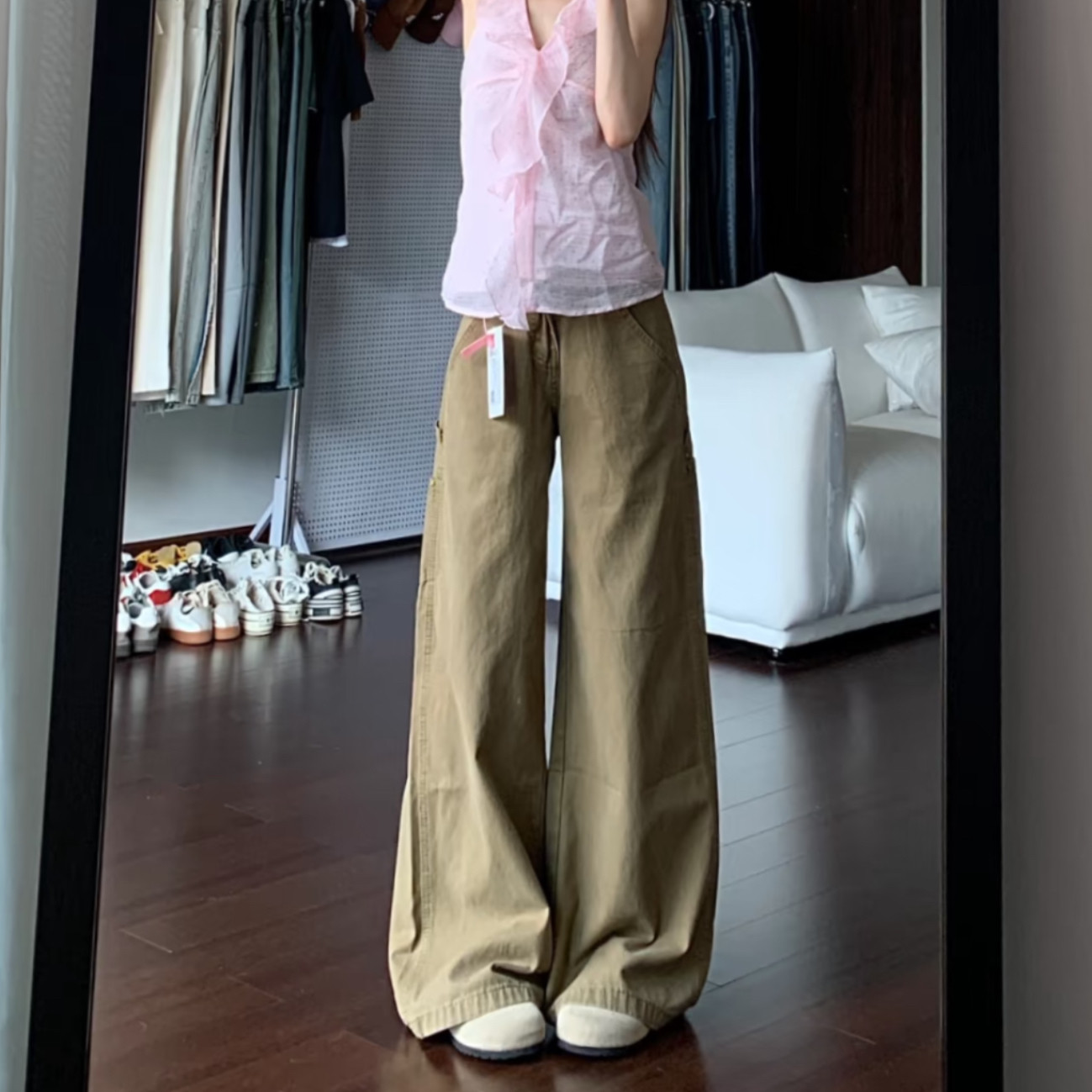 美式卡其中低腰阔腿工装牛仔裤女